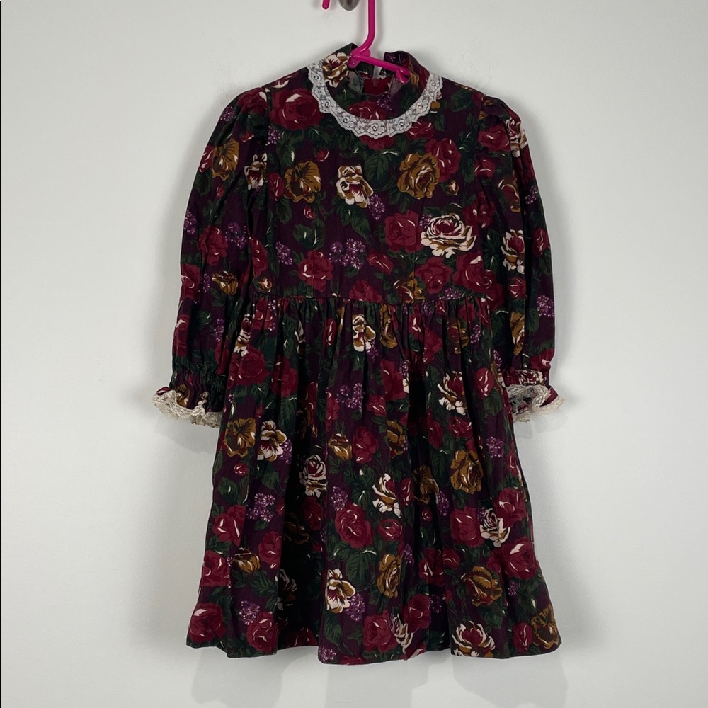 VTG Handmade Floral Corduroy Dress Girl’s Burgundy Green Lace Trim High Collar